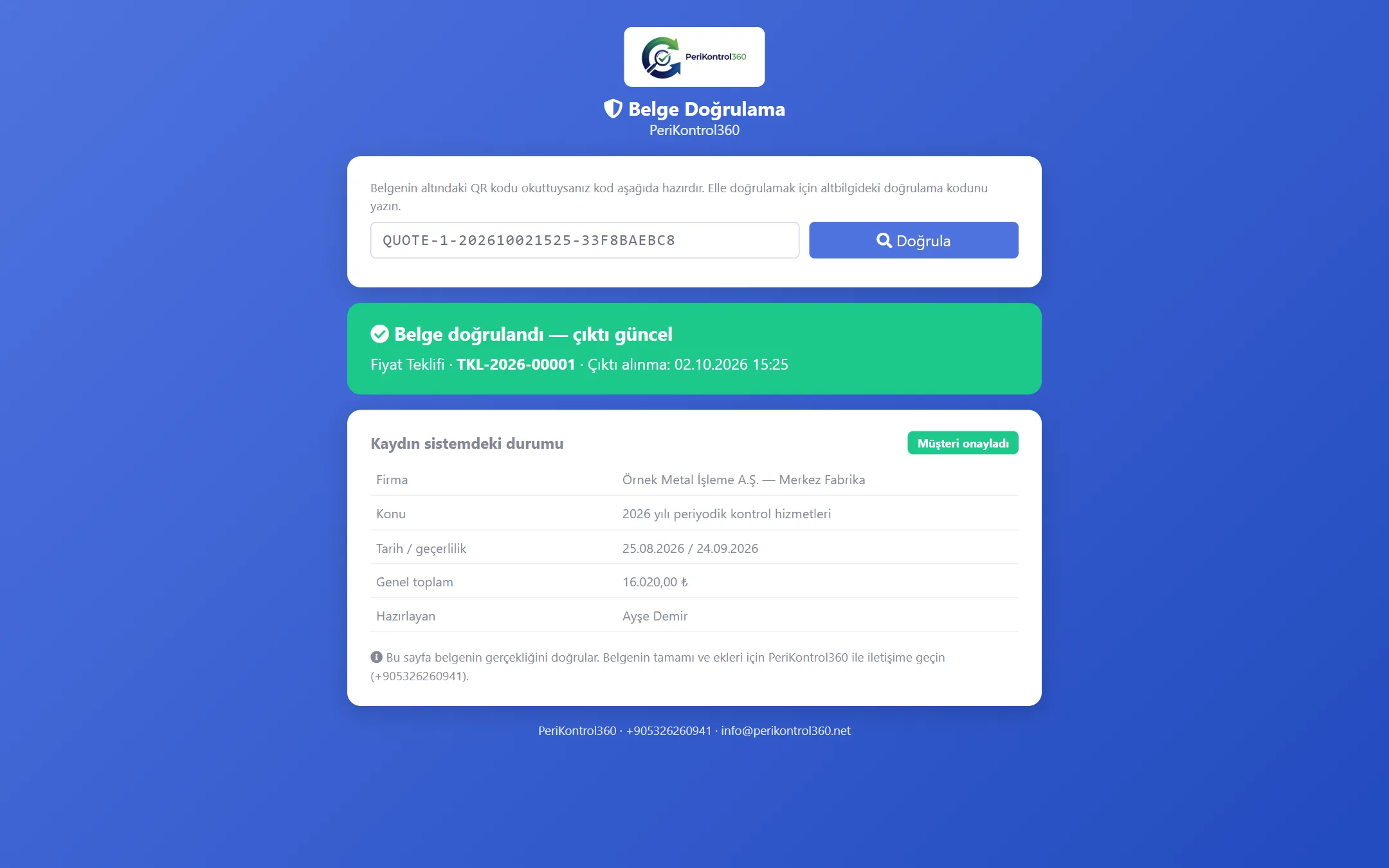 PeriKontrol360 — Belge doğrulama sayfası